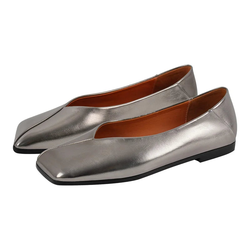 Women Square Toe Flats Metallic Leather Stylish Casual Shoes Silver Fashionable Loafer Flats