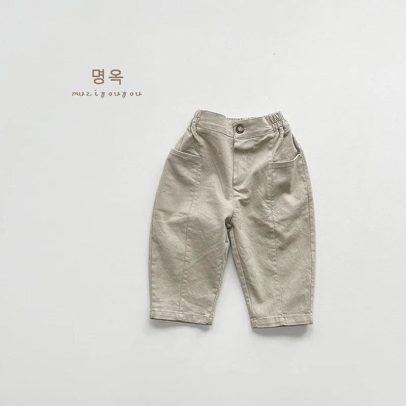 2025 Spring New Children Loose Trousers Toddler Pocket Casual Pants Infant Boys Girls Solid Versatile Harem Pants Kids Clothes Unisex