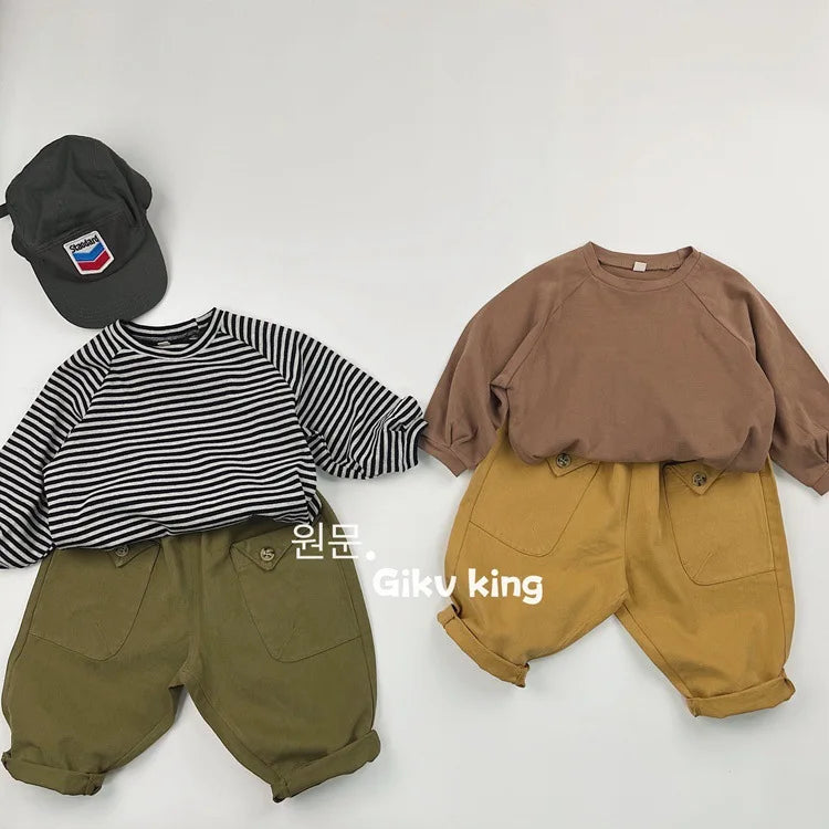 2025 Herfst Nieuwe Kinderen Losse Broeken Baby Meisjes Effen Vintage Casual Broek Peuter Jongens Veelzijdige Cargo Broek Kinderkleding 4-6Y Unisex