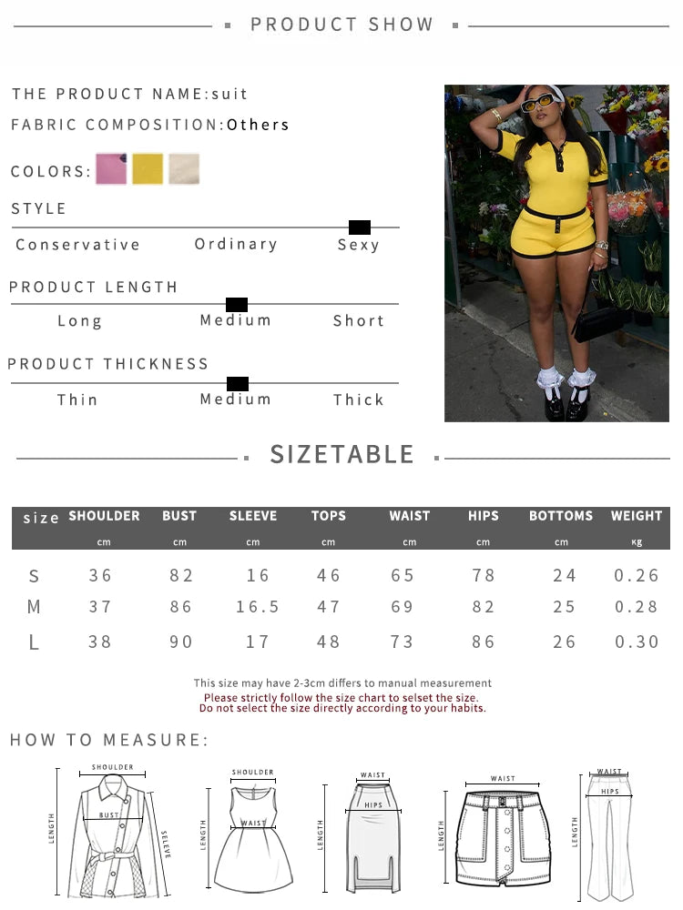 Casual 2piece Set Women Tracksuit Summer Hipster Polo Neck Crop Tops + Button Shorts Matching Skinny Stretch Streetwear