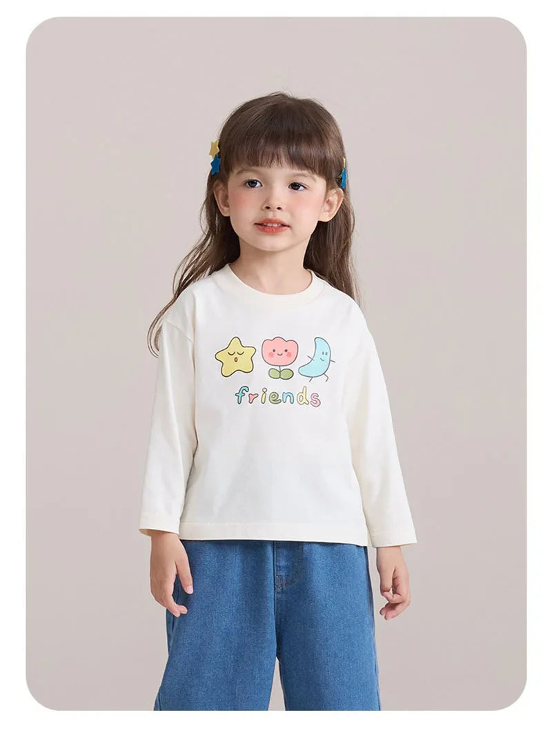New Spring Girls Boys Cute T-shirt Kids Cartoon Letter Star Flower Undershirts Children Thin Style Bottoming Shirt 7T Unisex