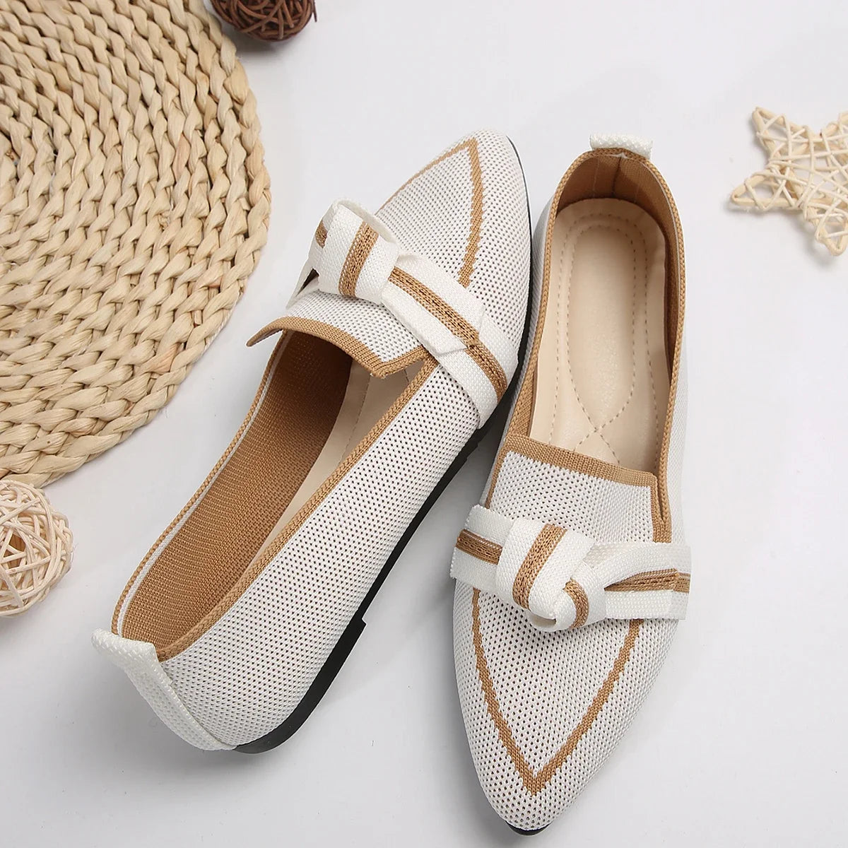Women's Spring and Autumn Outfit Pointed Flat Breathable Casual Knot Shoes Women's Blue Pregnant Women's Low Heel Moon Shoes