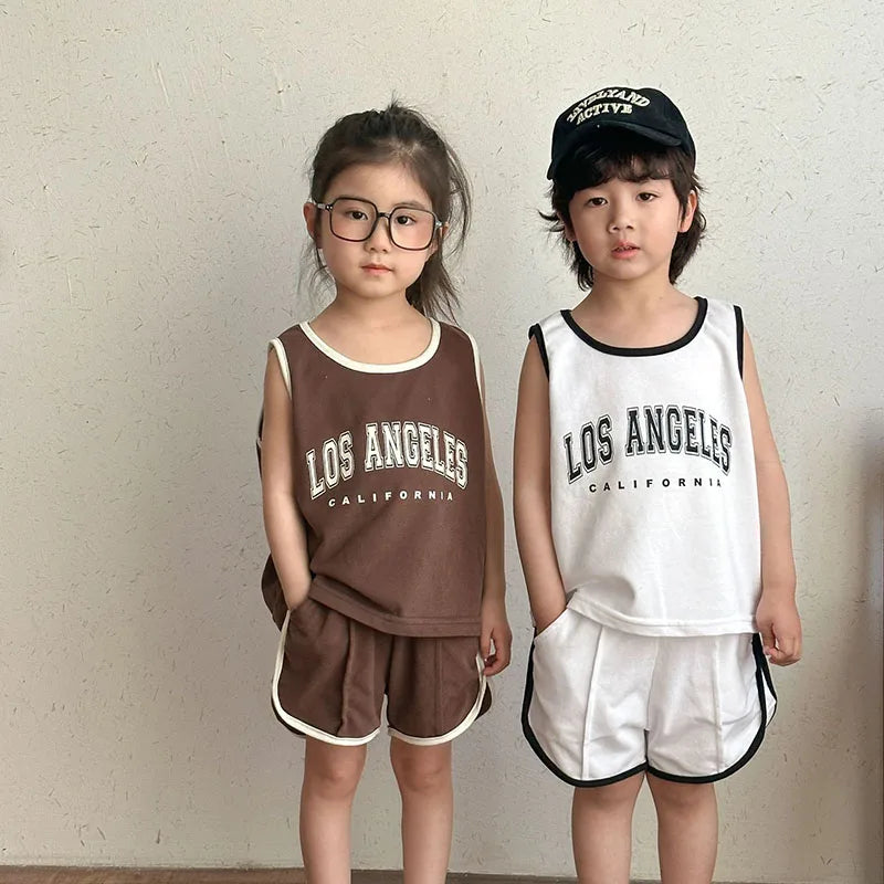 New Summer Kids Clothes Set Children Thin Style Letter Sports Suit Girls Tank Top Shorts Boys Outfits 4-6Y Unisex