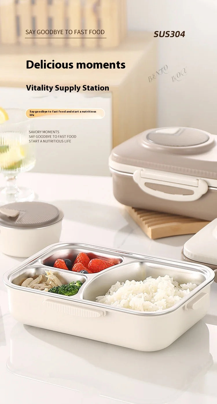 304 Stainless Steel Microwave Safe Partitioned Bento Box - Large Capacity Lunch Container for Students & Office Workers