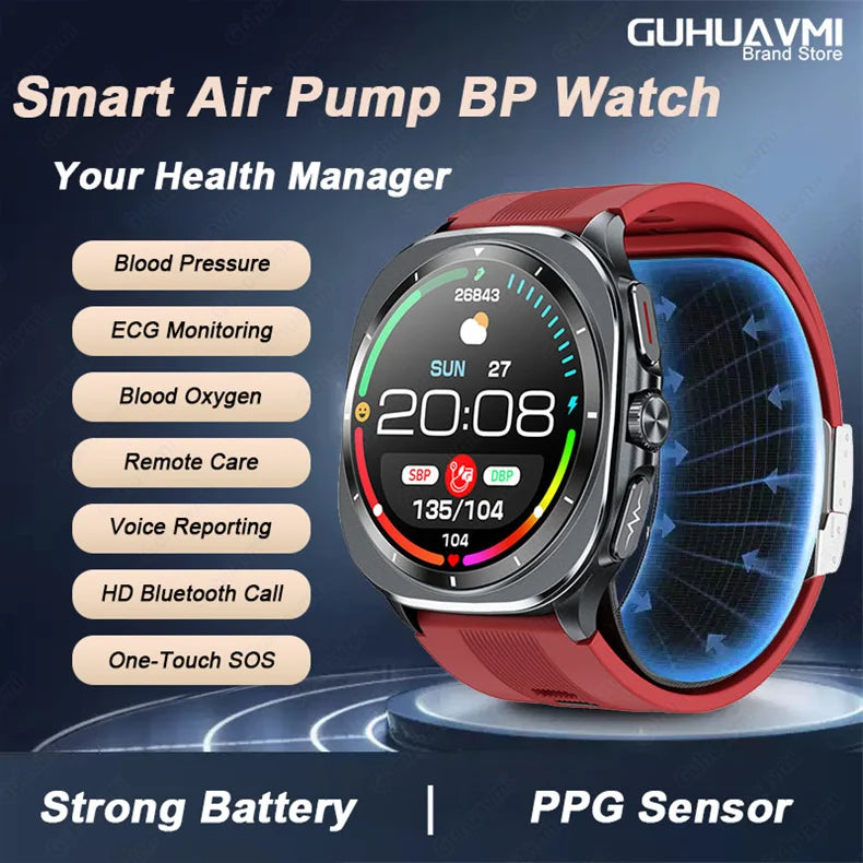 2025 Health track Smartwatch Air Pump Airbag True Blood Pressure Health Measure Smart Watch Men Women Blood oxygen BT Call