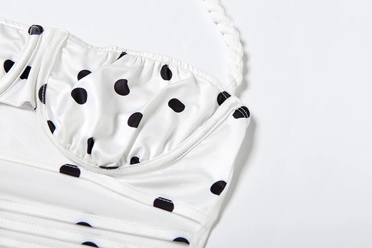 Polka Dots 2 Piece Set Women Twist Bandage Halter Hollow Camisole + Skinny Mid Skirts Street Fashion Elegant Outfits For Women