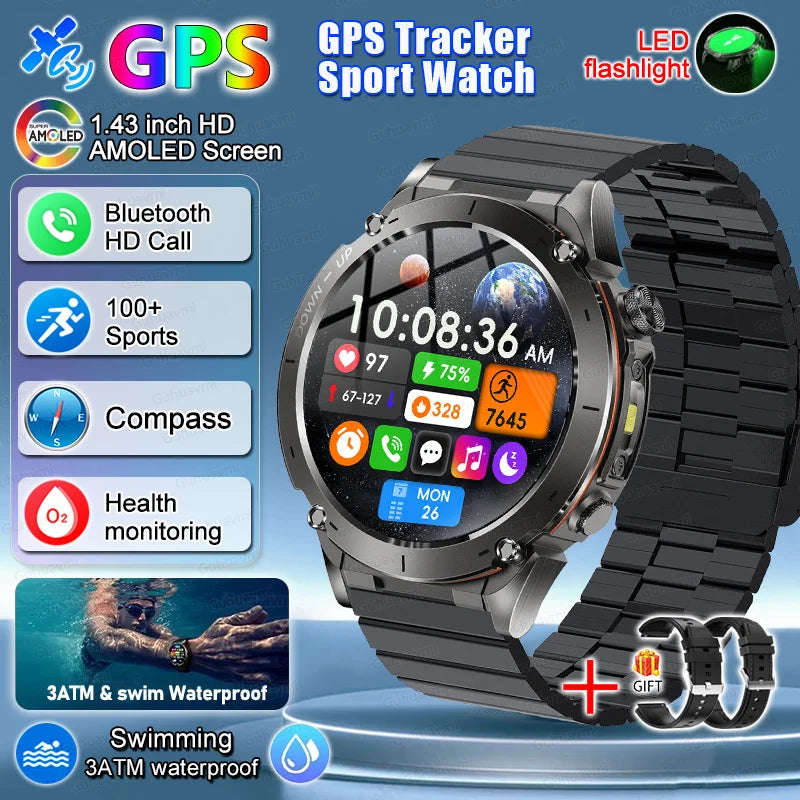 2025 New Rugged Military GPS Smart Watch Built-In GPS Tracker Compass Sports Fitness Tracking Smartwatch - Compatible with HUAWEI & Xiaomi IOS