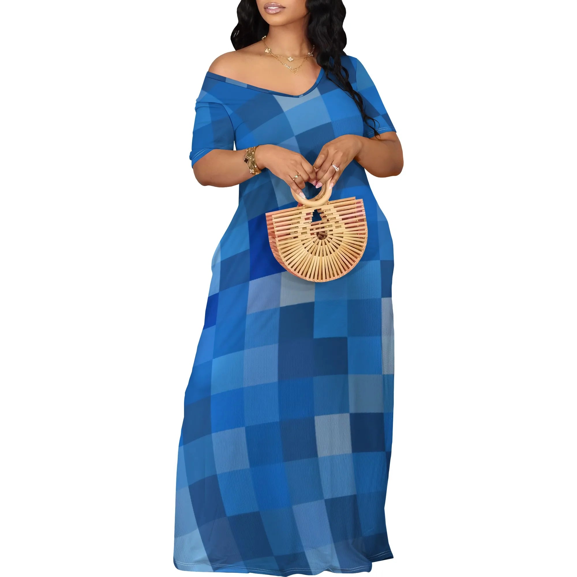 Summer Maxi Dress Women Off Shoulder Plaid Print Pocket Short Sleeve Dress