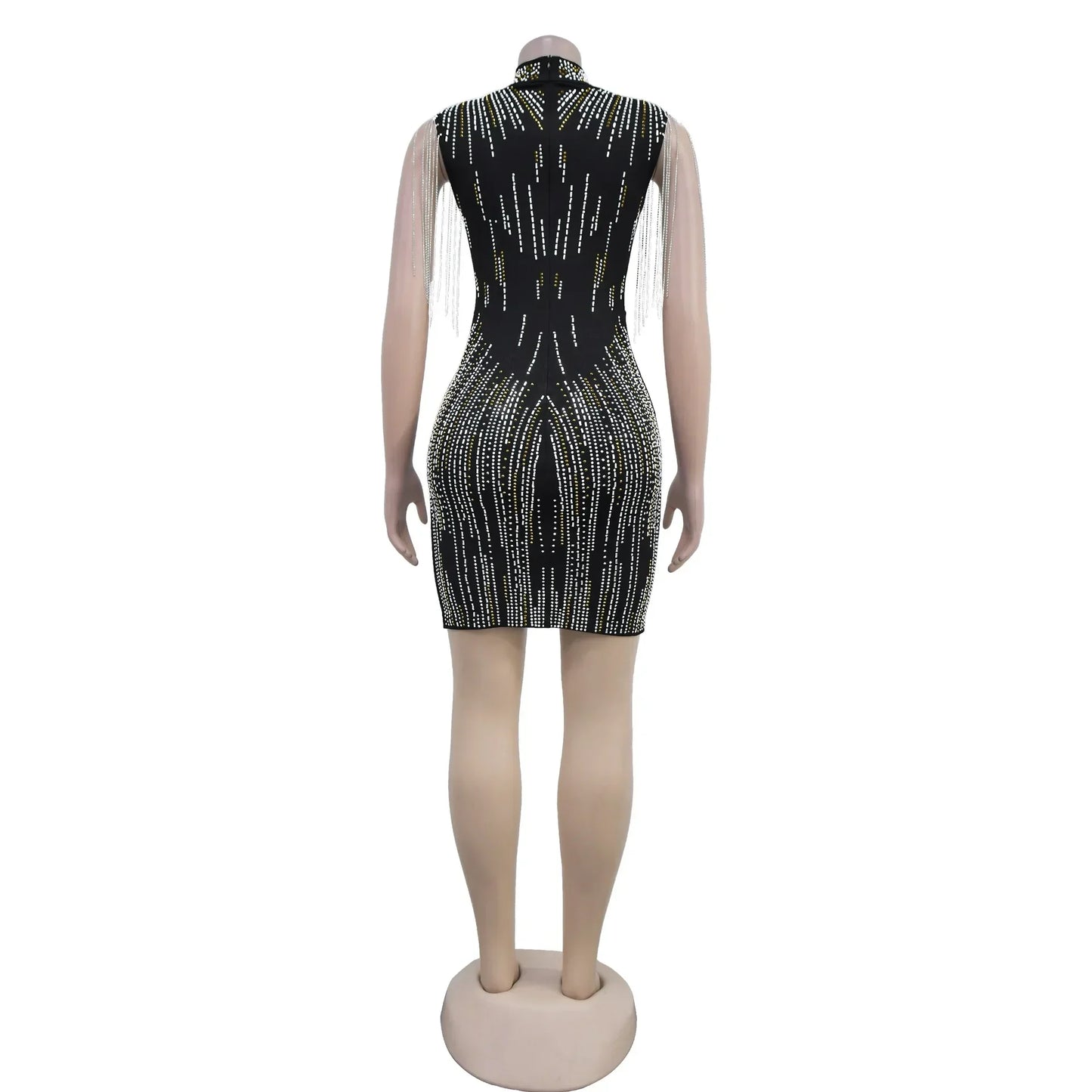 Sexy Sleeveless Rhinestone Decor Tassels Hollow Out Mini Dress