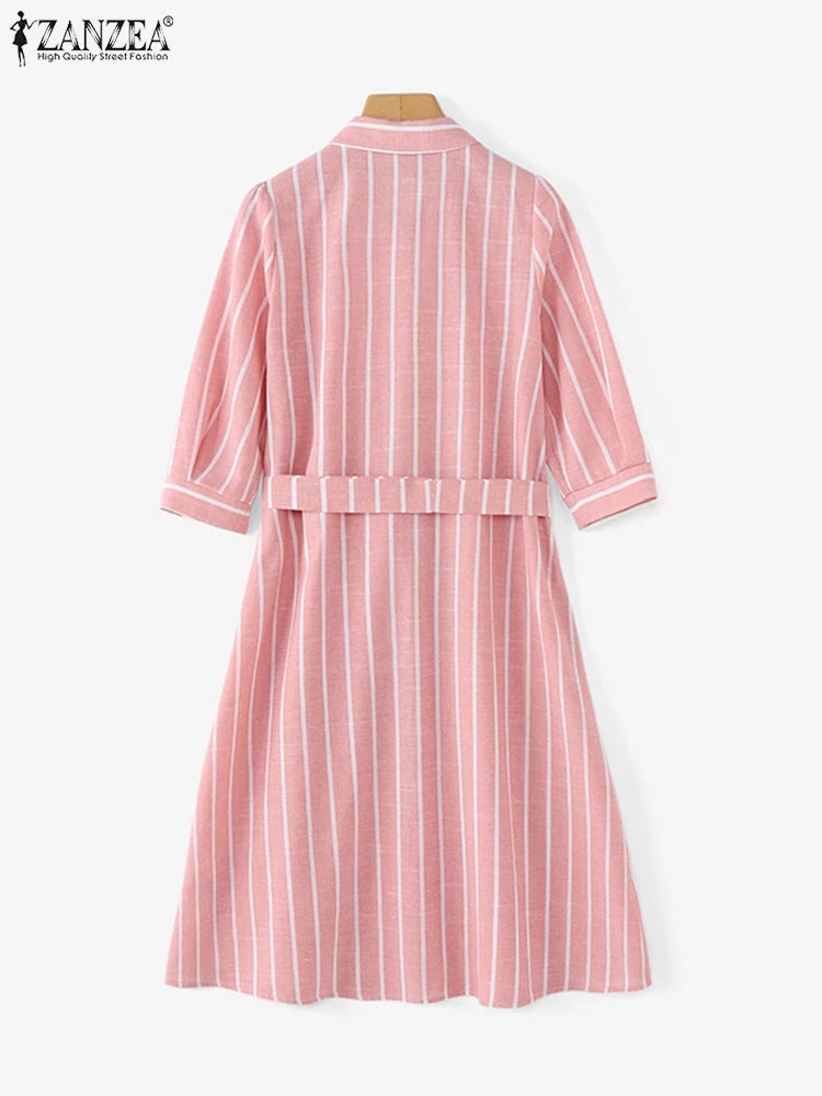 Women Striped Shirt Dress Elegant Lapel Neck 3/4 Sleeve A-line Midi Dresses 2025 Summer Tie-Waist Robes Femme Vestidos