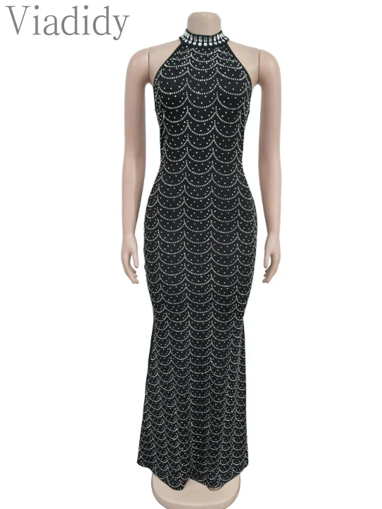 Women's Sexy Sleeveless Halter Rhinestone Decor Floor-length Mermaid Party Dress