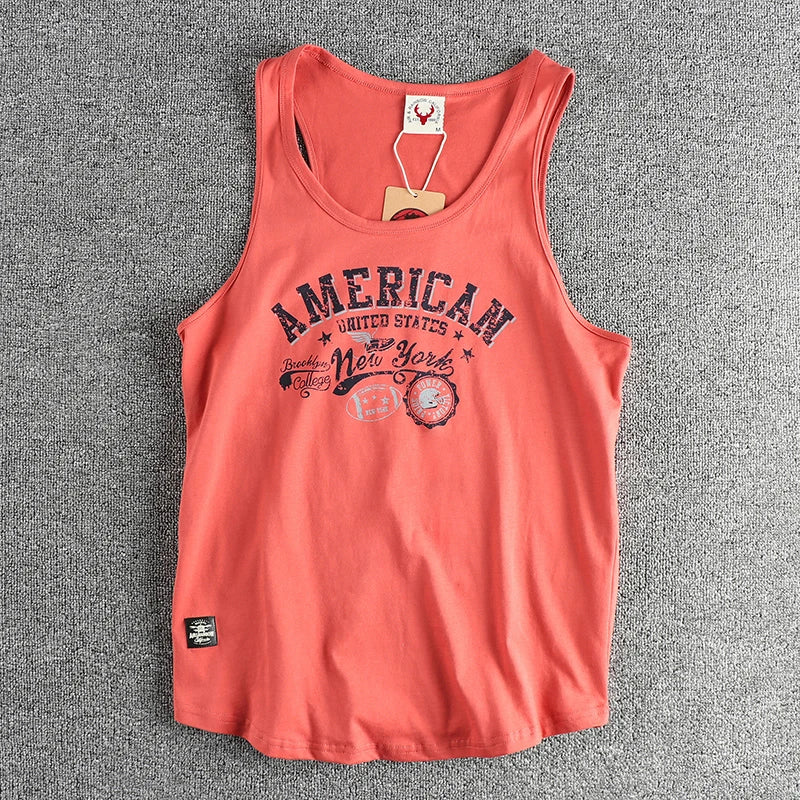 Summer New American Retro Sleeveless O-neck Letter Printed T-shirt Men's Fashion 100% Cotton Washed Casual Sports Vest Tops