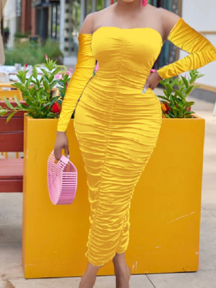 Solid Ruched Bodycon Dress Long Sleeve Strapless Club Dresses Clothes for Women