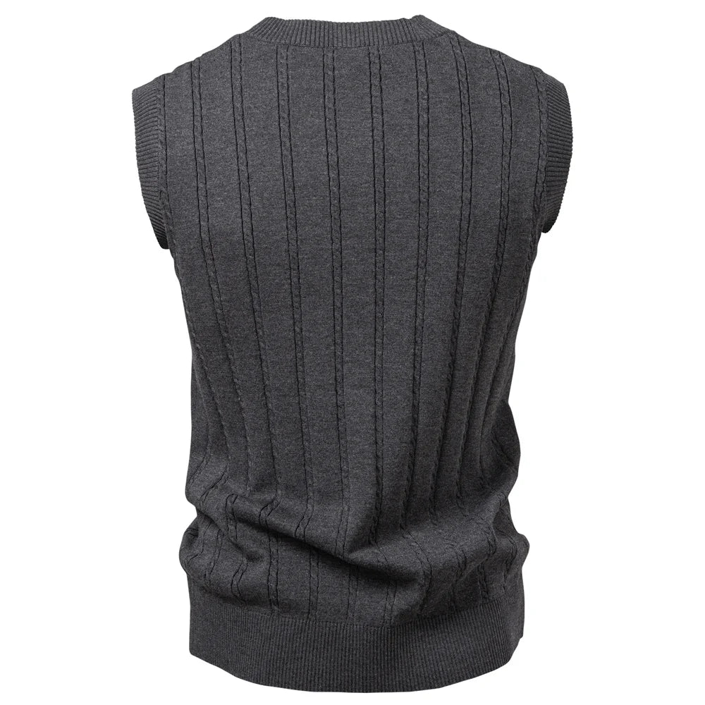 Men's Solid Colour V-Neck Knitted Vest Sleeveless Casual Warm Versatile Sweater Male Vest‌