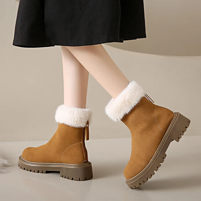 Women's Winter Boots 2024 New Fashion Velvet Lined Solid Color Ankle Square Heel Round Toe Outdoor Snow Boots Thick Soles Zipper