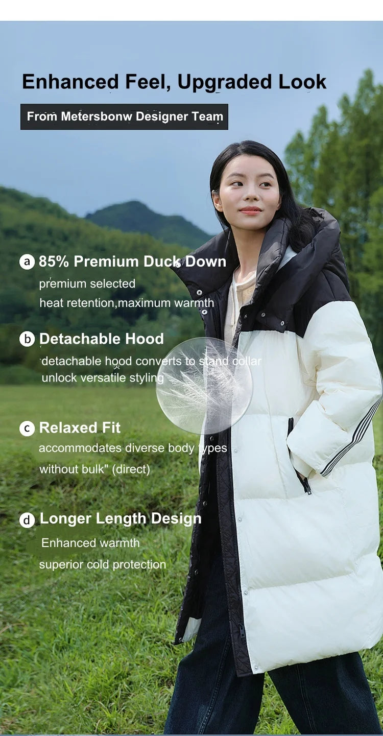 Women's Knee-Length Padded Coat With Detachable Hood, Stylish Colour-Blocking Windproof, Warm Duck Down Jacket For ladies