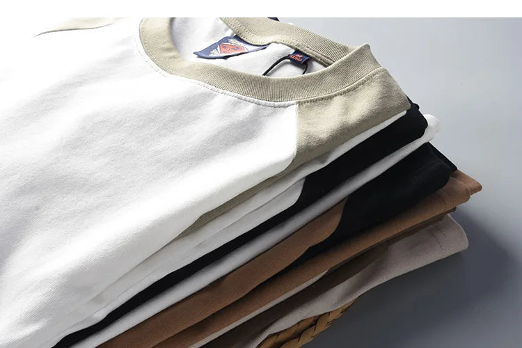 Autumn New American Retro Long Sleeve O-neck Contrast Splicing T-shirt Men's Fashion 100% Cotton Washed Old Casual Sport Tops
