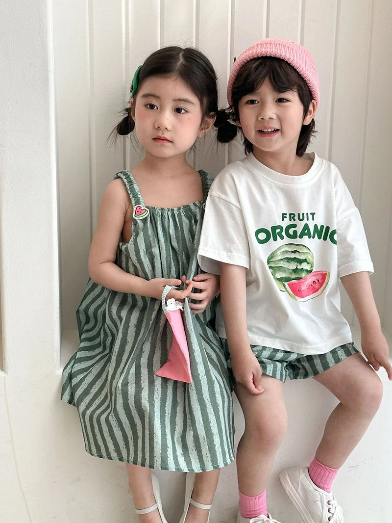 Children's Summer Clothes 2PCs Set Boys' Pure Cotton Striped Tee and Shorts Suit Cute Girls Suspenders Dress Siblings' Outfit Unisex