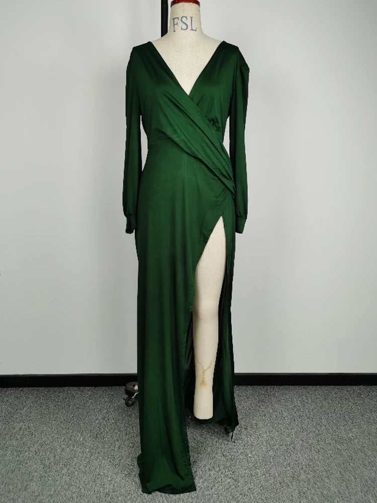 Women Elegant Solid Color V Neck Long Sleeve Satin Split Party Dress