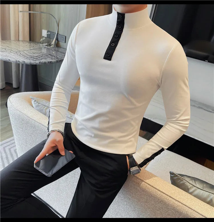 Men's High Quality Long Sleeve T-shirt For Autumn & Winter, Half-High Collar, Solid Colour Top. Collar Button Polo, Suitable As Business Casual