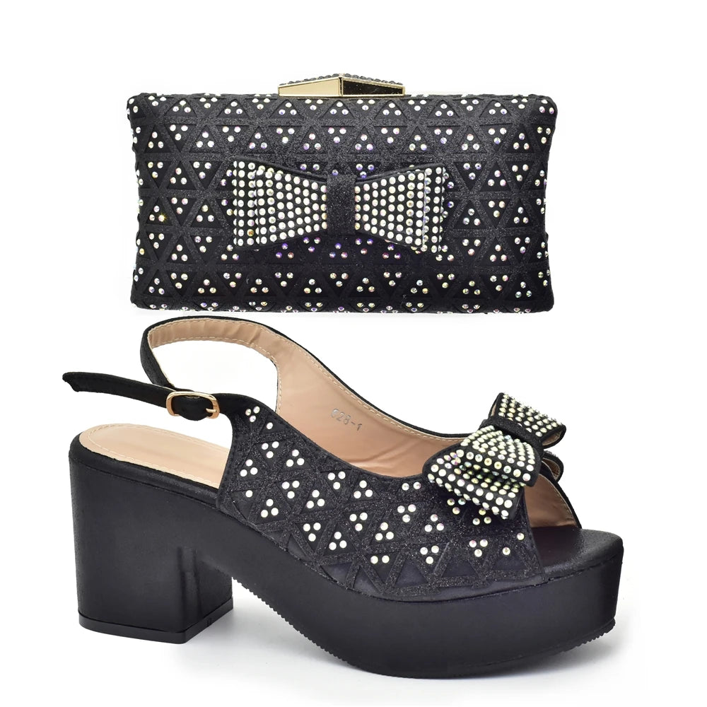 African Women Wedding Shoes and Bag Set Decorated with Rhinestone Africa Shoe and Bags Set Wedges Shoes for Women