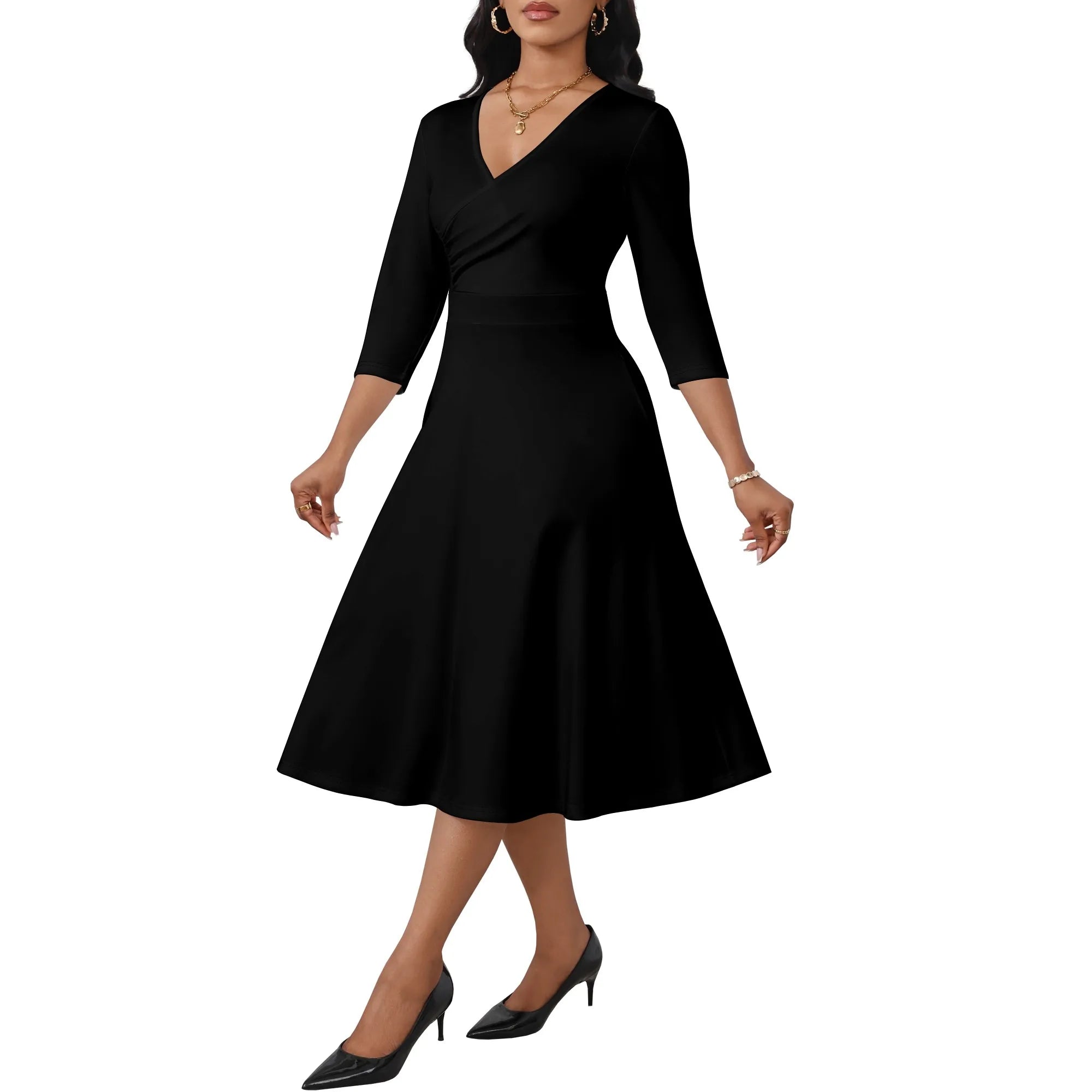 Ladies' casual flared midi dress, wedding guest cocktail tea party dress, A-line swing V-neck, three-quarter sleeves.