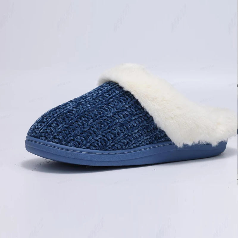 Women's Fleece Lined Warm House Cotton Slippers With Memory Foam and Non-Slip Cosy Fluffy Sole Plush Knit Slides Suitable For Bedroom Use