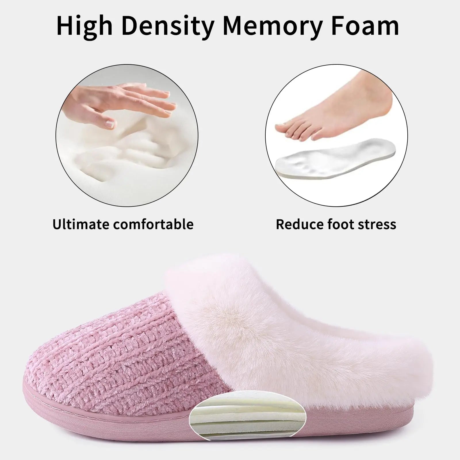 Women's Fleece Lined Warm House Cotton Slippers With Memory Foam and Non-Slip Cosy Fluffy Sole Plush Knit Slides Suitable For Bedroom Use