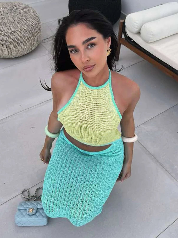 Crochet Beach Women 2 Piece Set Sleeveless Irregular Backless Halter Tank Tops + Maxi Skirts Vacation Matching Clubwear