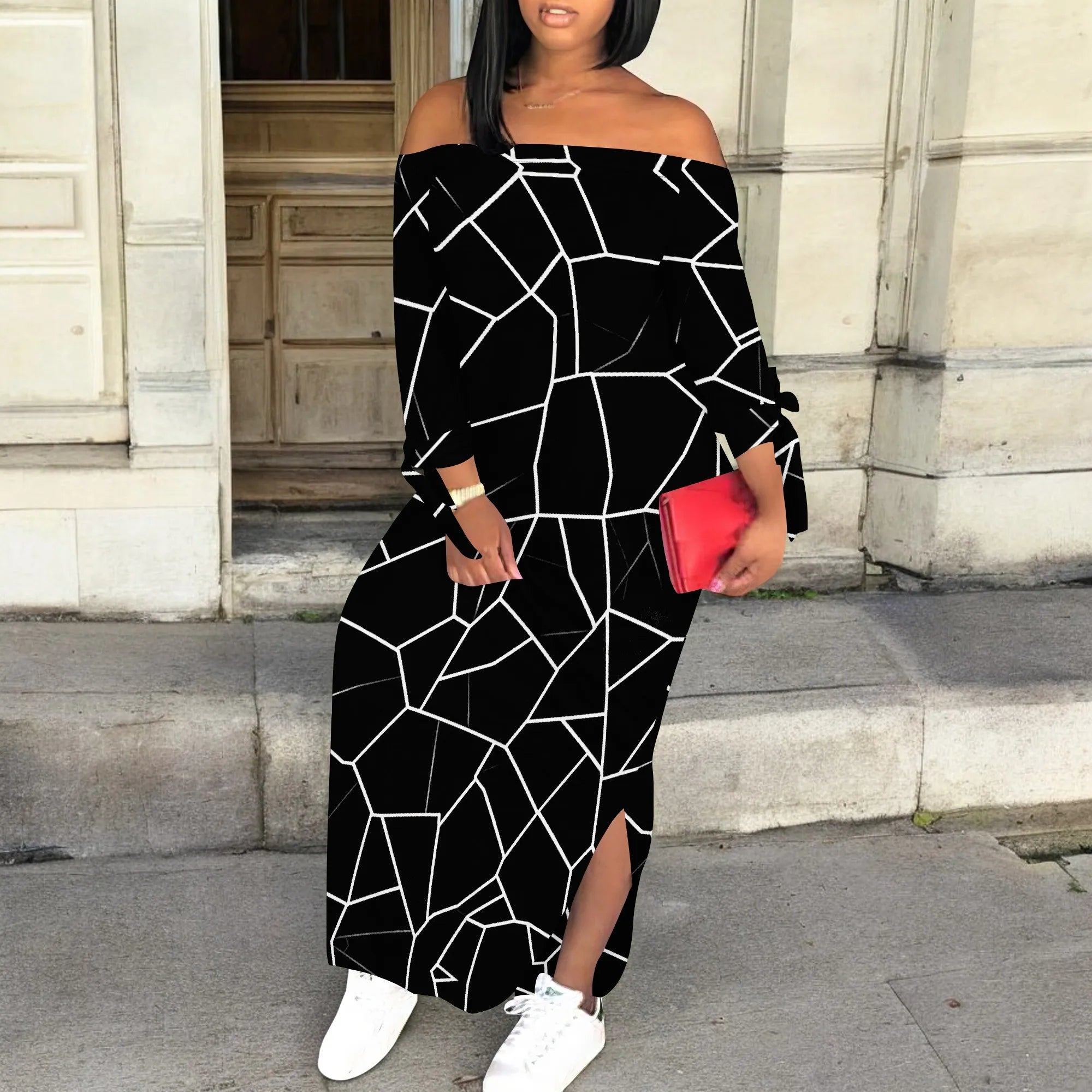 Off Shoulder Long Sleeve Maxi Dress for Women Geometric Line Print Chic Casual Slim Fit Dress
