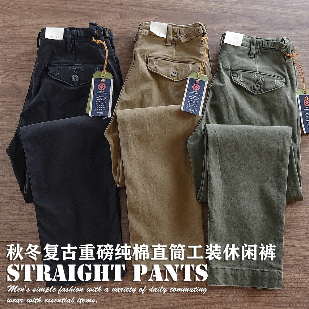 Herfst en winter Nieuwe Amerikaanse retro geweven twill zware cargobroek Heren eenvoudige 97% katoen gewassen casual rechte broek