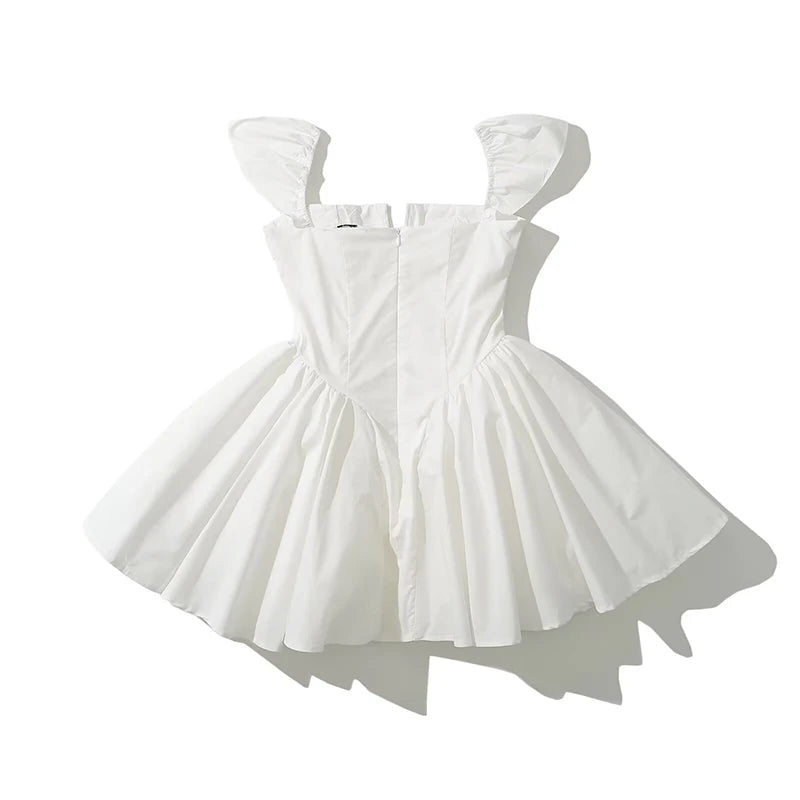 Summer Women Sexy Fit And Flare White Mini Dresses Short Sleeve Low Waist Elegant Party Dress Ladies Bridesmaids Robe