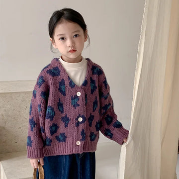 Girls' Autumn Vintage Korean Trendy Leopard Knit V-Neck Cardigan Coat For Children 1-7Y