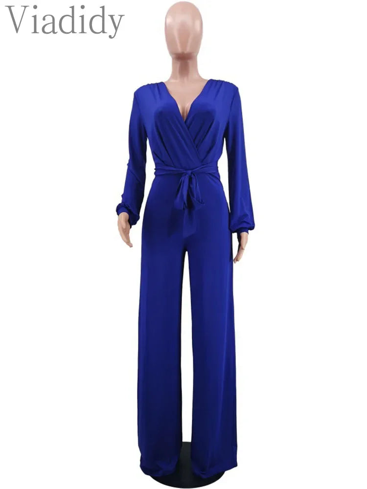 Women Solid Color Knitted V-Neck Long Sleeve Straight Jumpsuit With Belt