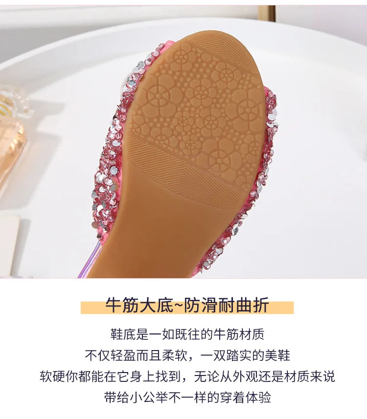 Zomersandalen voor meisjes, modieuze slippers met pailletten, prinsessenschoenen voor kinderen, hoge hakken, feestjurken, Elsa-schoenen, leren slippers voor meisjes