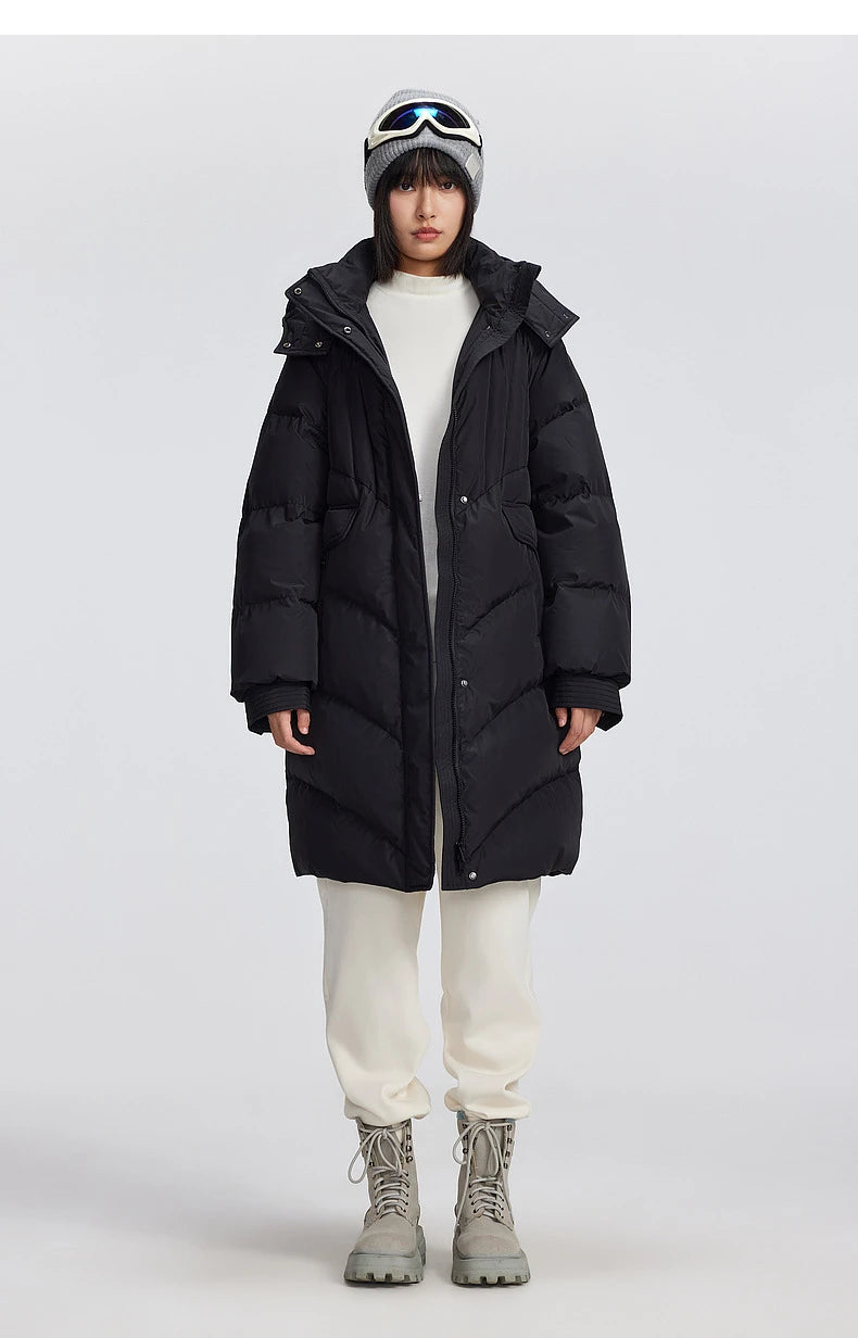 Women's Winter Down Jacket Duck Down Detachable Hood Puffer Coats, Simple Korean Style Mid-Length  Jacket for Ladies