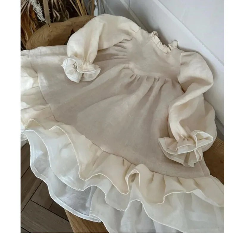 Spring Toddler Big A-line Girls Dress Linen Dress for Children Puff Sleeve Princess Kids Clothes Patchwork Dresses 2-7Y Girls