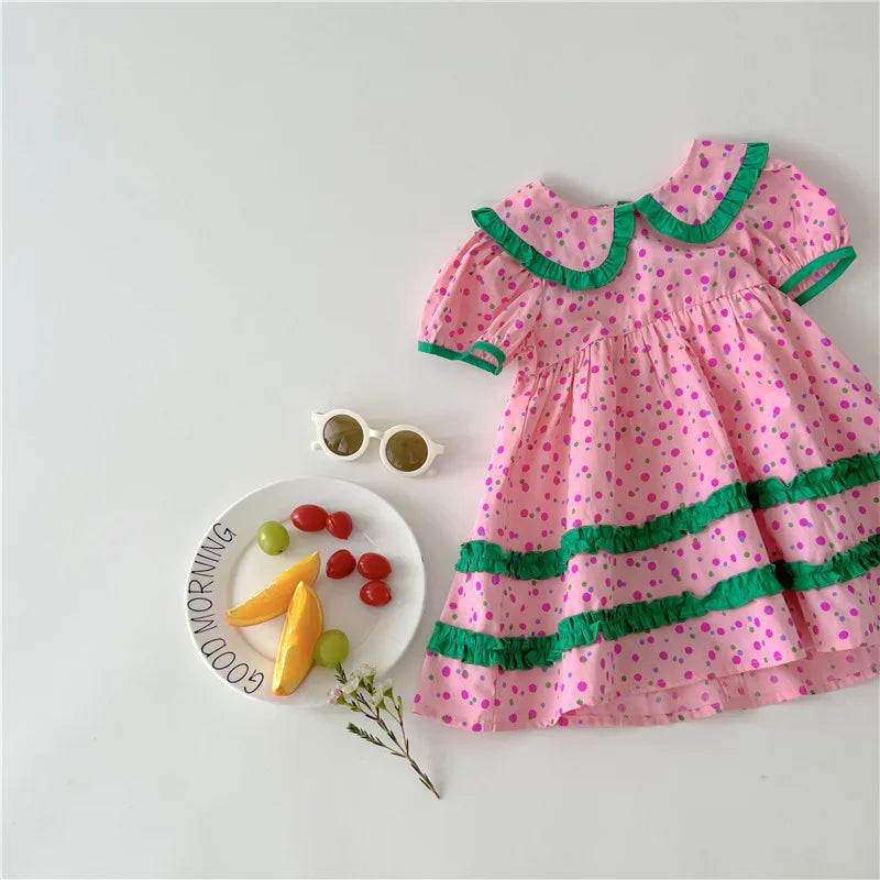 Summer Girls Clothing Dot Children Dress Pink Dresses for Kids 1-5Y