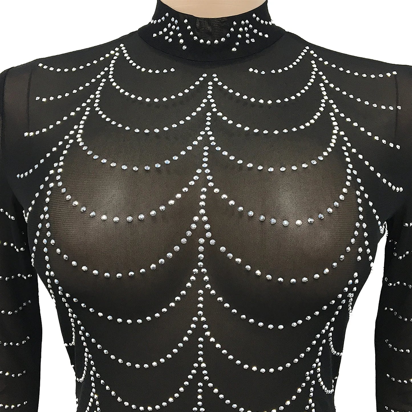 Sexy Rhinestone Sheer Mesh Long Sleeve  Party Dress