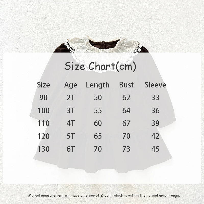 Spring Autumn Girls' Dress Corduroy Long Sleeve Lace Ruffled Collar Dress for Kid's Children's Clothing 2-6Y Girls