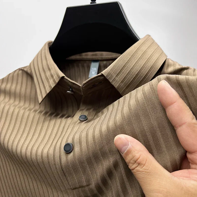 Men's Ice Silk Summer Polo Shirt, Lapel, Hollow, Short-Sleeved, Breathable, Business Fashion T-Shirt, Male Brand Clothing