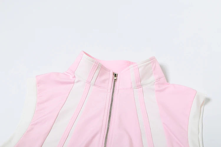 Sporty Casual Women Tracksuit 2 Piece Set Summer Patchwork Zip Tank Tops + Bandage Skirts Matching Stretch Slim Outfits