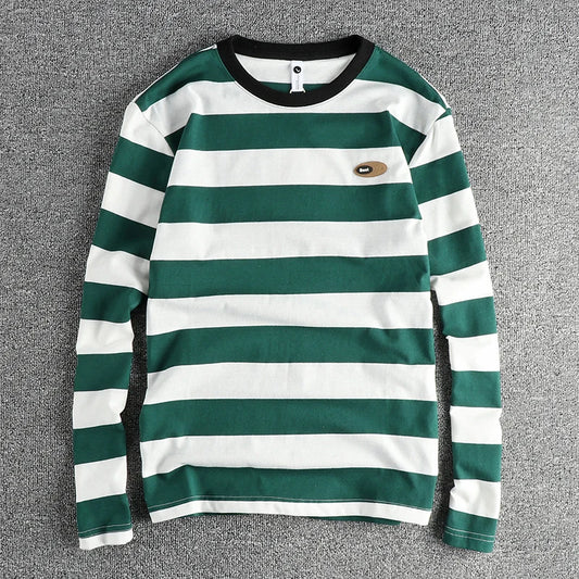 2024 Herfst Nieuwe Amerikaanse Retro Lange Mouw O-hals Micro Chapter Gestreept T-shirt Herenmode 100% Katoen Gewassen Casual Tops