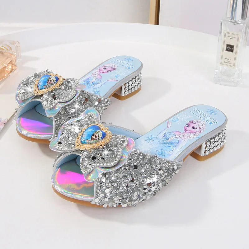 Girl's Summer Sandals Fashion Slippers Sequined Princess Children High Heel Party Dress Elsa Shoes Leather Slipper For Girls