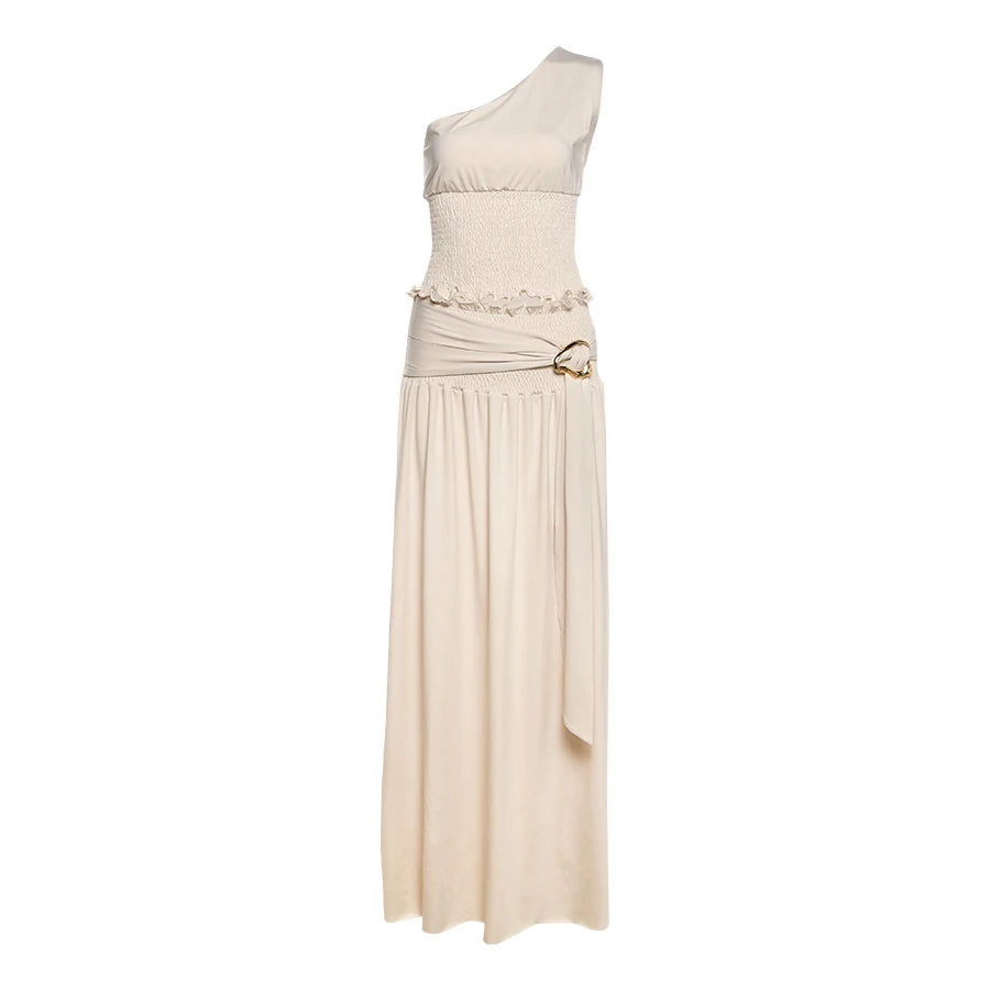 Elegant Ruched 2 Piece Set Women Skew Collar Backless Crop Tops + Metal Buckle Decoration Skirts Matching Solid Outfits