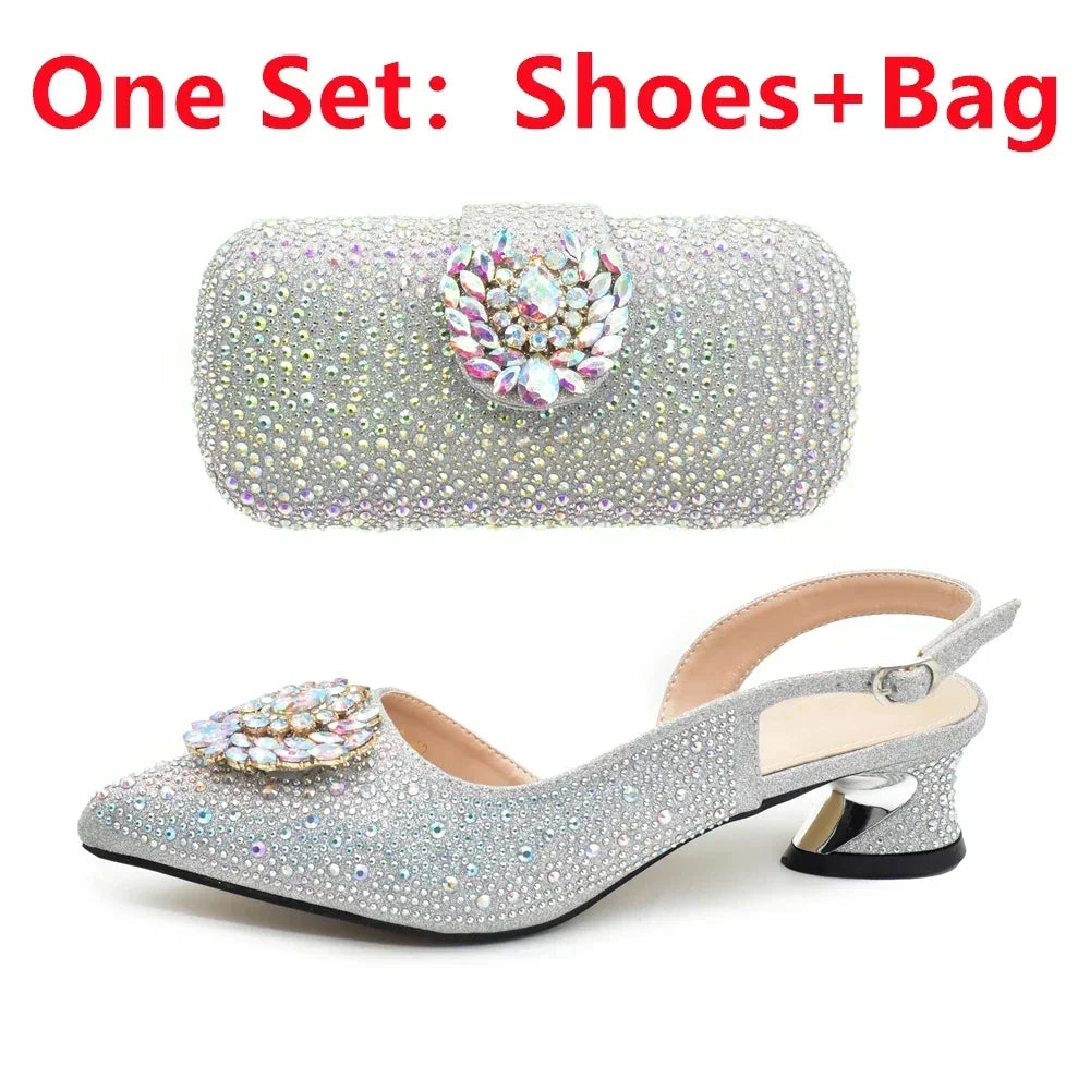 New Fashion Shoes Matching Bag Set Decorated with Crystal Ladies Wedding Party Women High Heel Pumps Luxury Rhiinestone Shoes