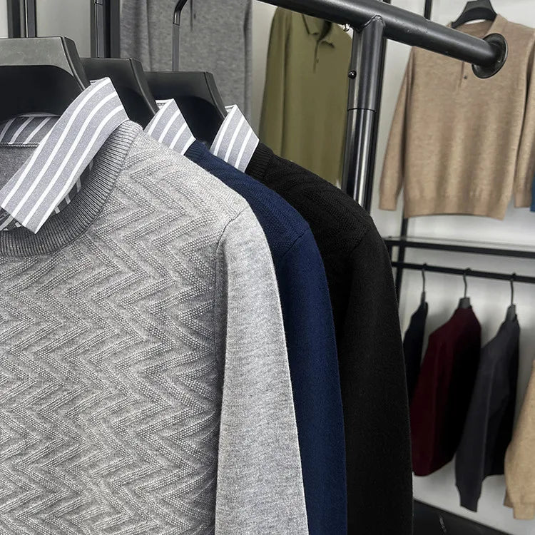 Men's Knitted Sweater With Shirt Collar - Vintage Style Fake Layered Business Casual, Pullover Old Money Style Top