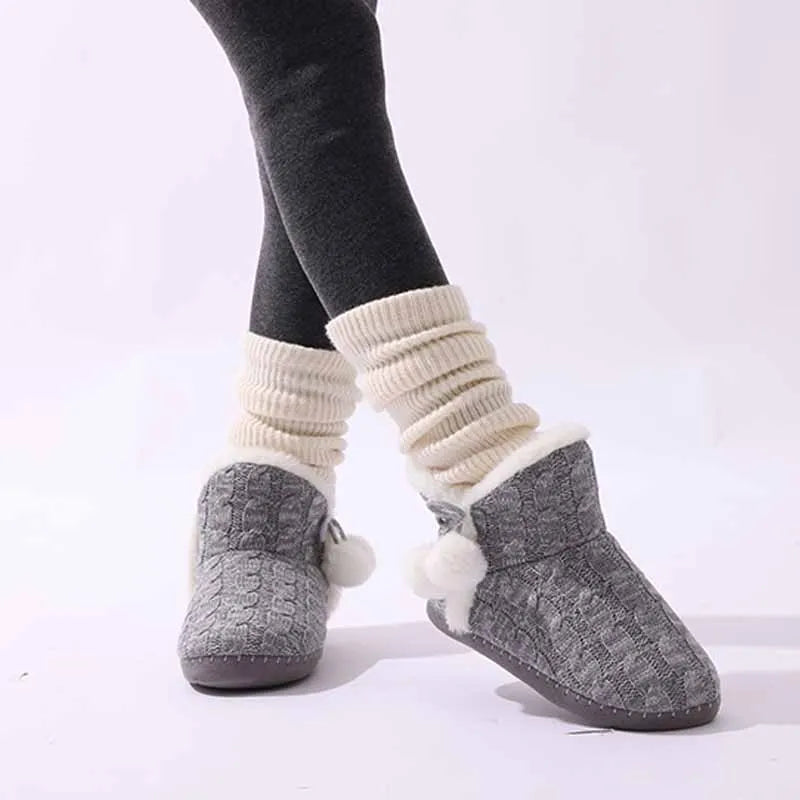 Women's Winter Warm Plush Boots Suitable For Outdoor and Indoor Use With Soft Sole Non-Slip Knit Furry Snow Shoes Cosy Cotton