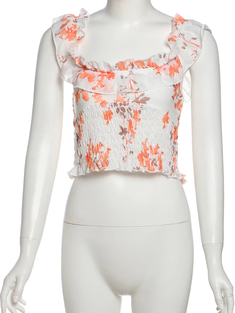 Vacation Thin Women Floral 2 Piece Set Elastic Ruffles Tank Tops + Peach Hip Skirts Matching Clubwear Romantic Outfits