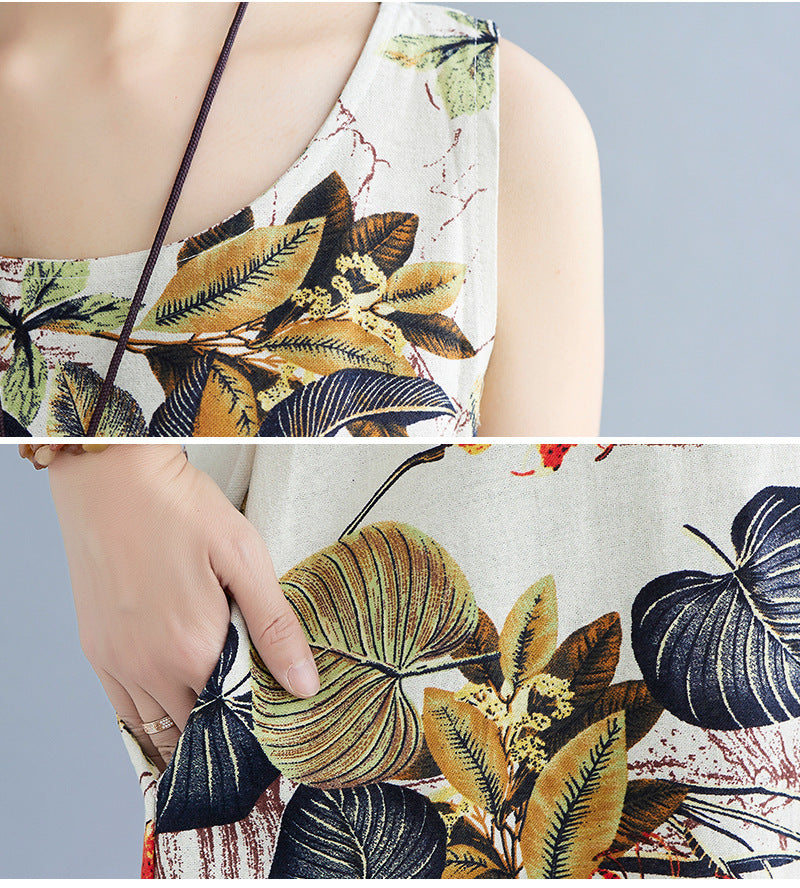 Women's Printed Cotton Linen Round Neck Sleeveless Dress